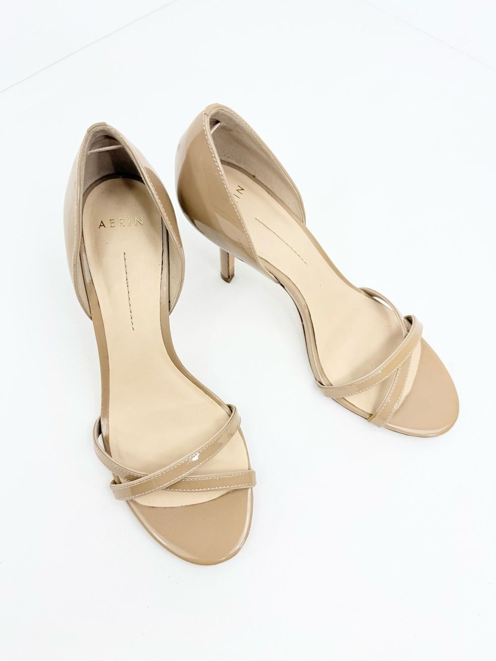 Aerin COCOBAY Taupe Patent Leather Peep Toe Crisscross Stiletto Heels